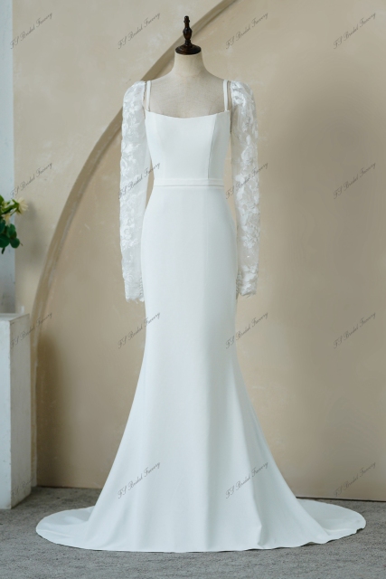 Soft Thick Crepe Mermaid Wedding Gowns With Detached Lace Sleeve