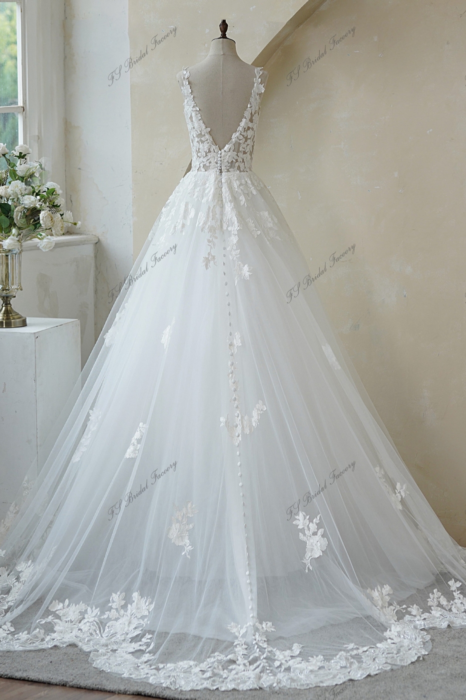 Deep V Back Lace Applique Ball Gown Wedding Gown