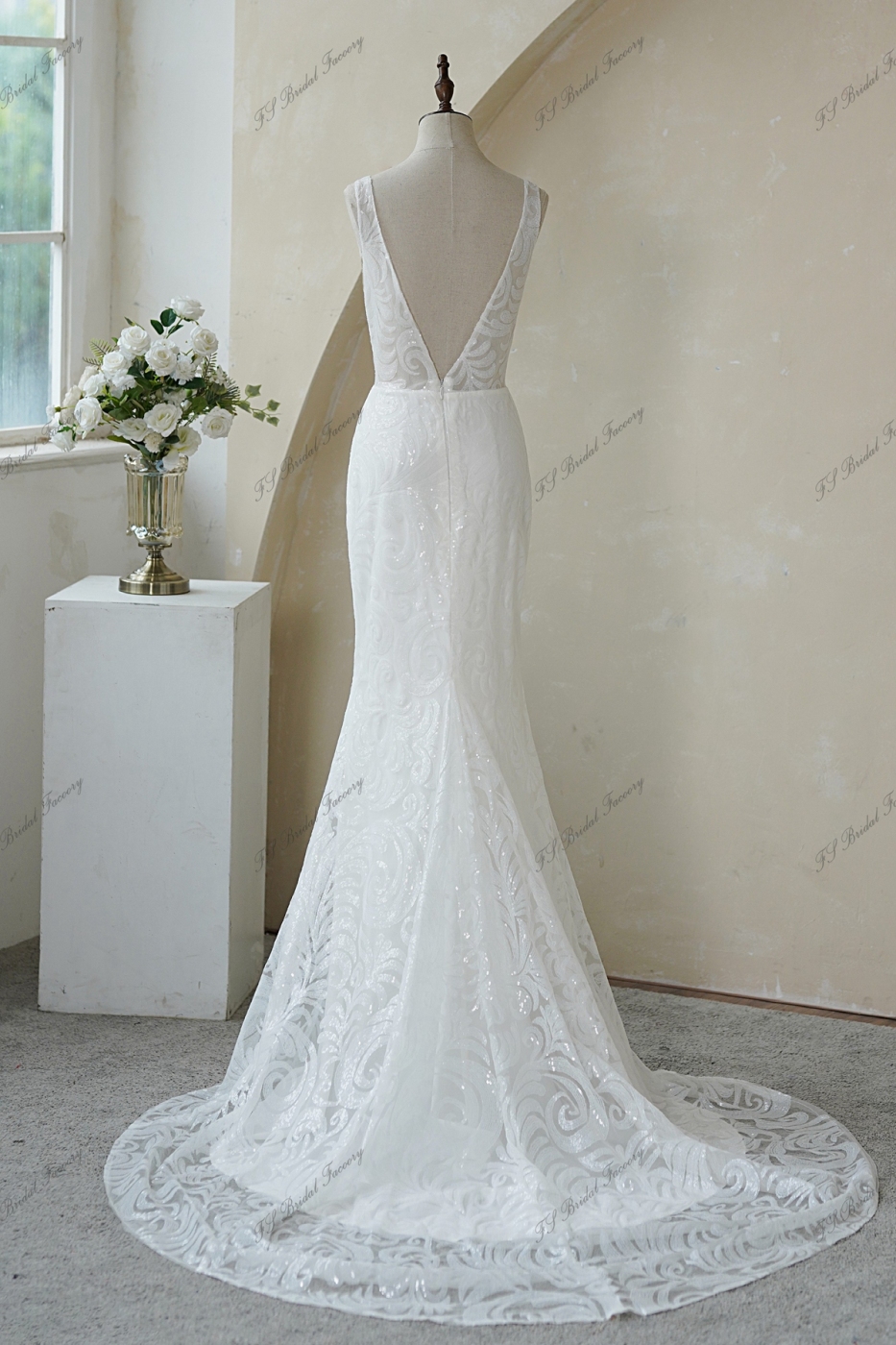 Sequin Slimline Wedding Gown With Deep V Neckline