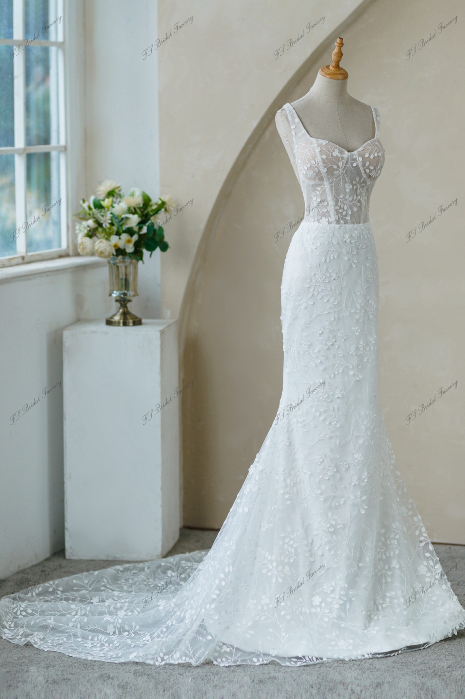 Full Lace Fitted Bridal Gown With Sheer Train