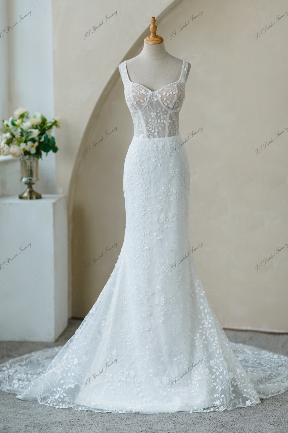 Full Lace Fitted Bridal Gown With Sheer Train