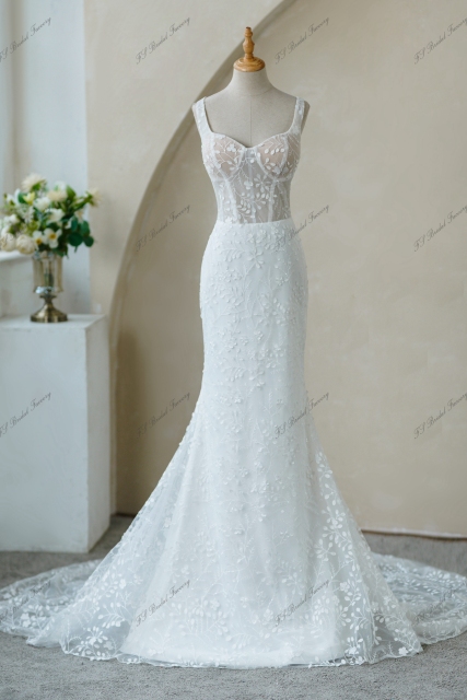 Full Lace Fitted Bridal Gown With Sheer Train