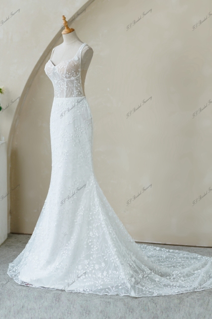 Full Lace Fitted Bridal Gown With Sheer Train