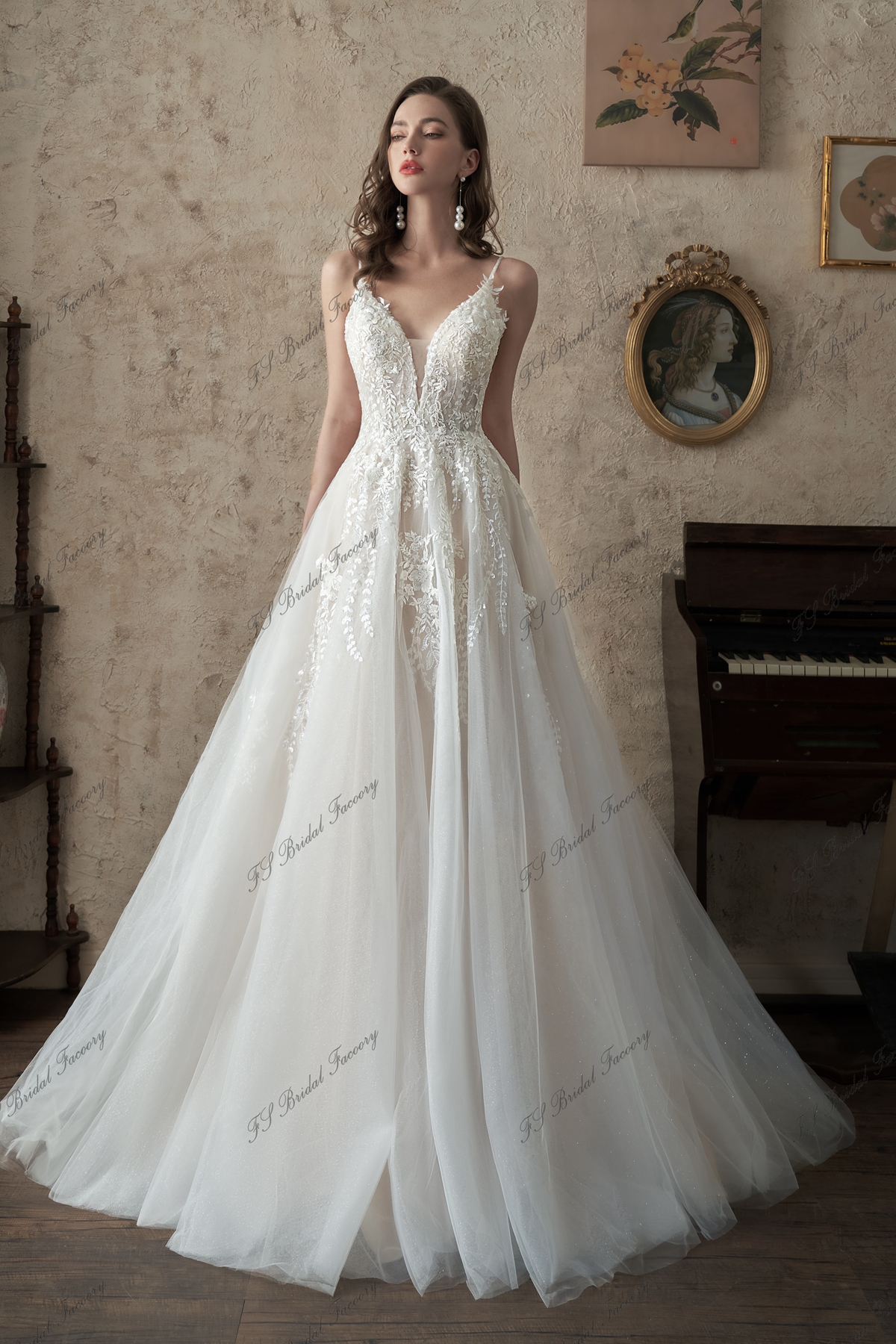 Charming A-line Square Applique Lace Wedding Dress main image 1