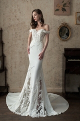 Off-Shoulder Sheer Cut Out Crepe Skirt Wedding Dress