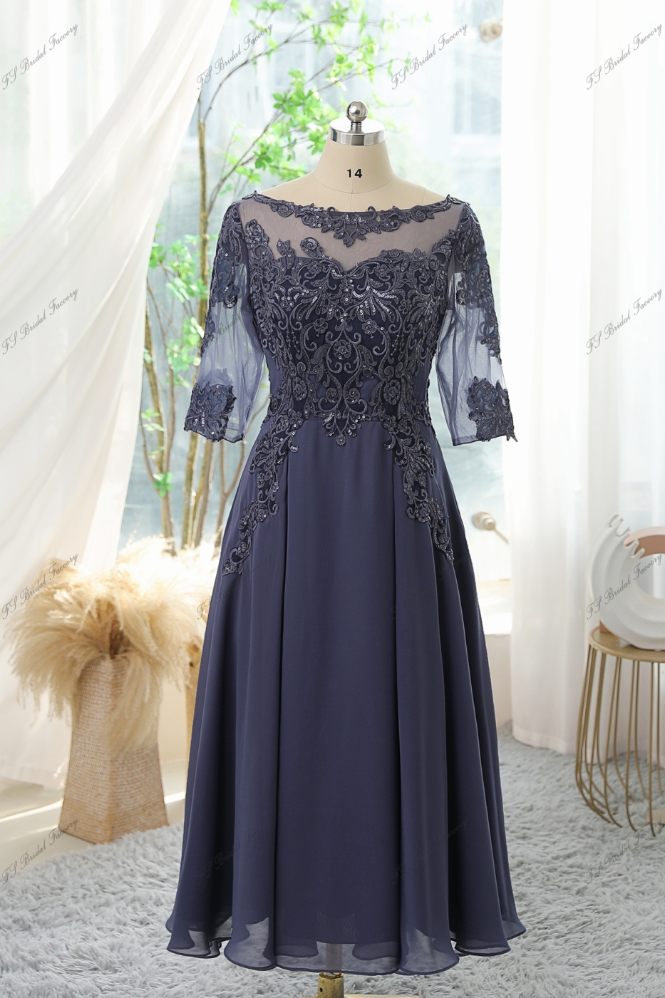 Chiffon Mother Of Bride Dress With A-line Silhouette, Illusion Bateau Neckline