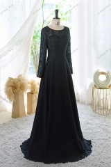 Chiffon Mother Of Bride Dress With A-line Silhouette, Round Neckline And Three-quarter Sleeves