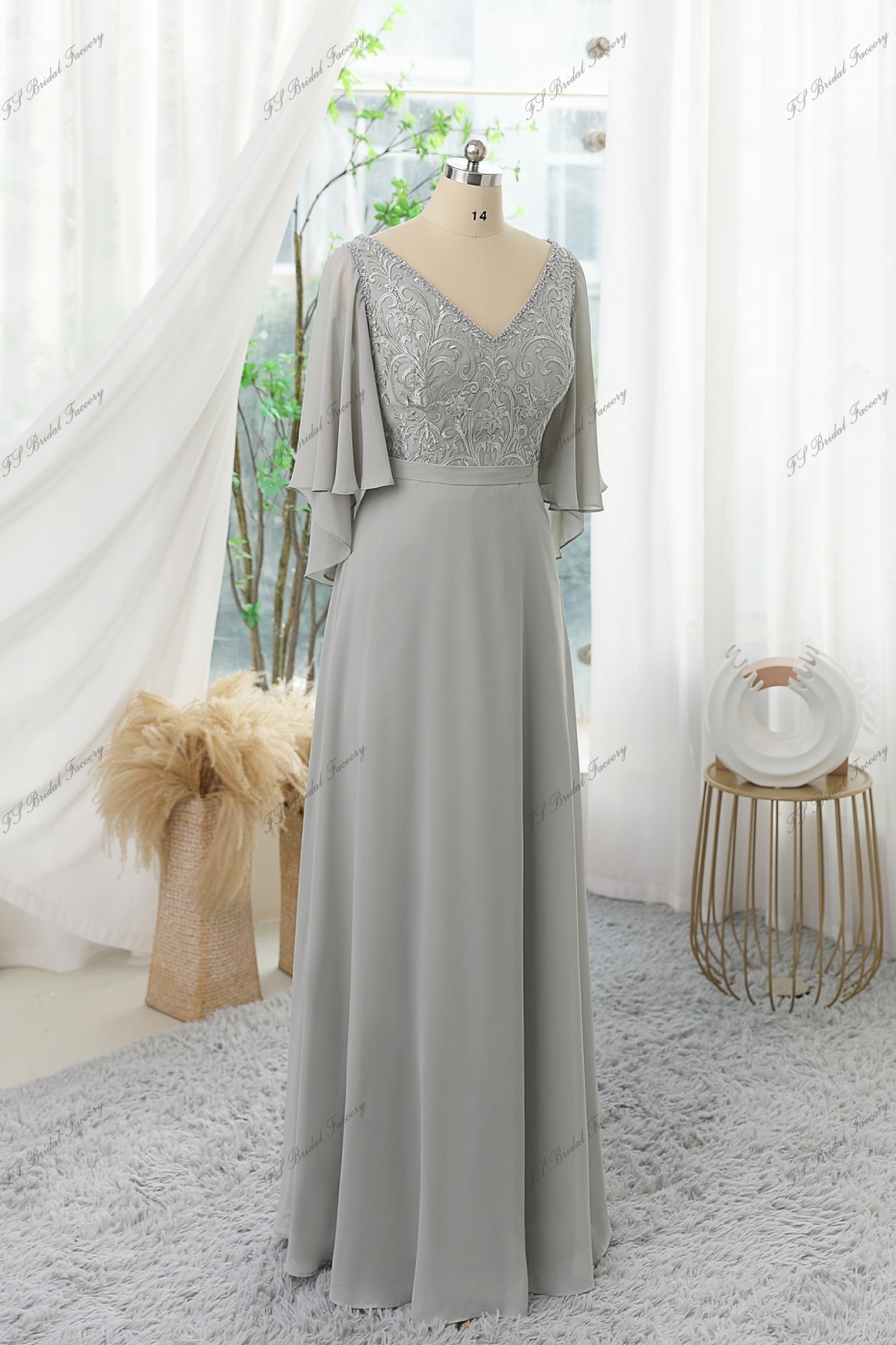 Chiffon Mother Of Bride Dress With Ruffled Sleeves, V-neck And Floral Appliques