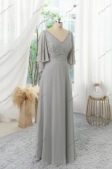 Chiffon Mother Of Bride Dress With Ruffled Sleeves, V-neck And Floral Appliques