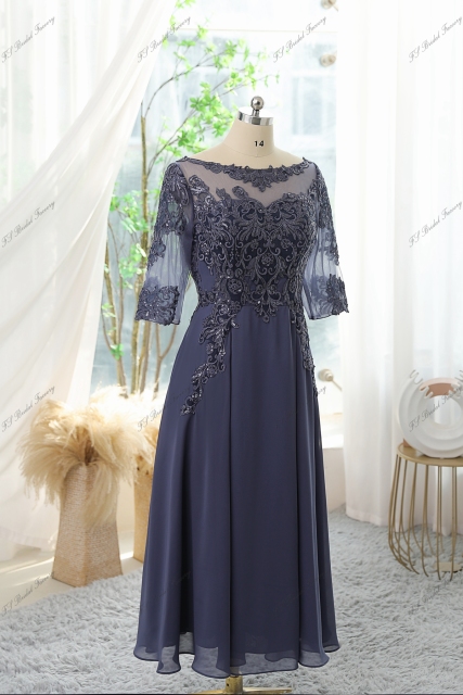 Chiffon Mother Of Bride Dress With A-line Silhouette, Illusion Bateau Neckline