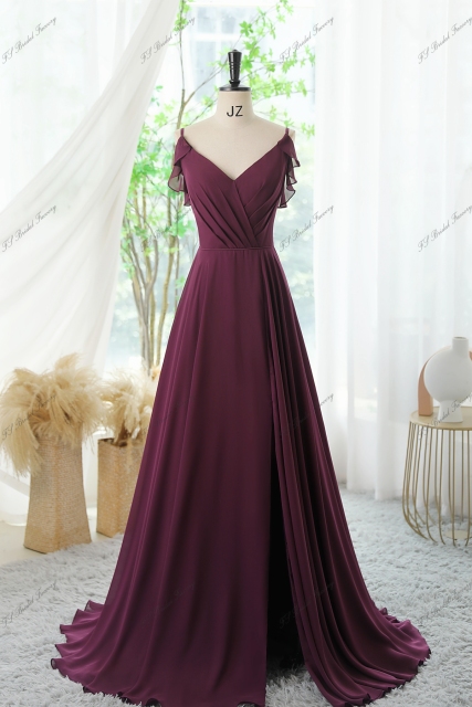 Spaghetti Straps Chiffon High Split Bridesmaid Dress With V-back