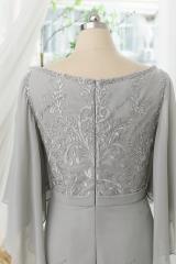 Chiffon Mother Of Bride Dress With Ruffled Sleeves, V-neck And Floral Appliques