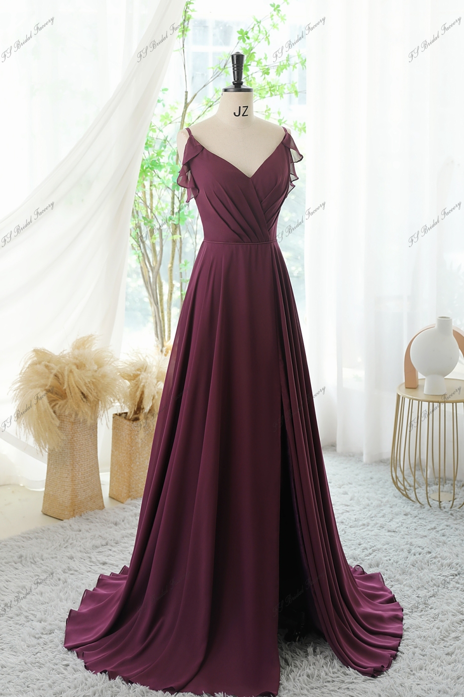 Spaghetti Straps Chiffon High Split Bridesmaid Dress With V-back