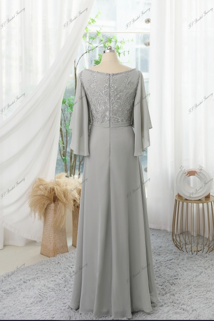 Chiffon Mother Of Bride Dress With Ruffled Sleeves, V-neck And Floral Appliques