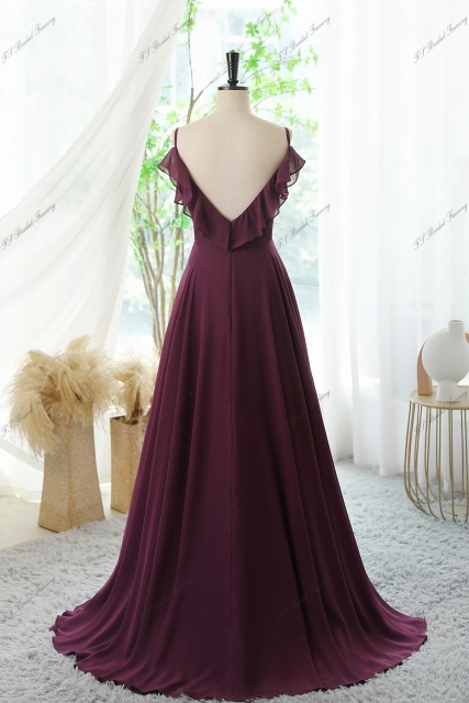Spaghetti Straps Chiffon High Split Bridesmaid Dress With V-back