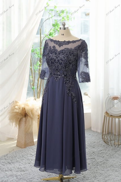 Chiffon Mother Of Bride Dress With A-line Silhouette, Illusion Bateau Neckline
