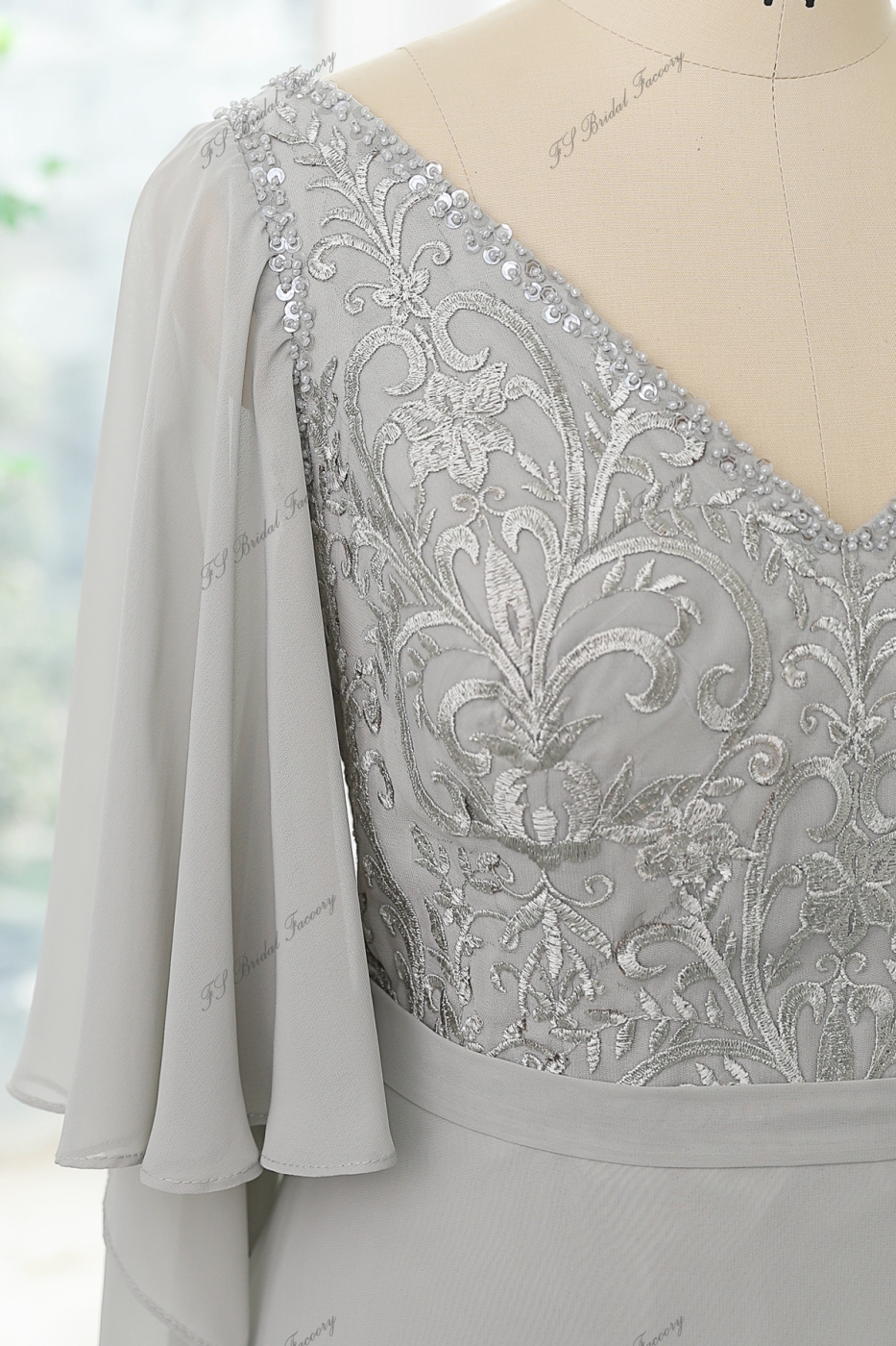 Chiffon Mother Of Bride Dress With Ruffled Sleeves, V-neck And Floral Appliques