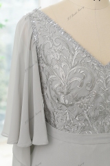 Chiffon Mother Of Bride Dress With Ruffled Sleeves, V-neck And Floral Appliques