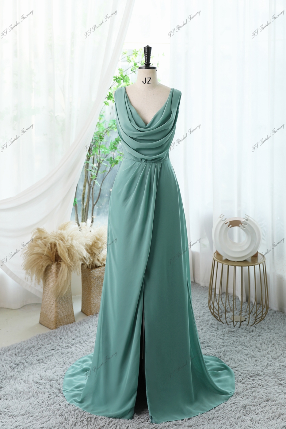 Chiffon High Split Bridesmaid Dress With Cowl Back