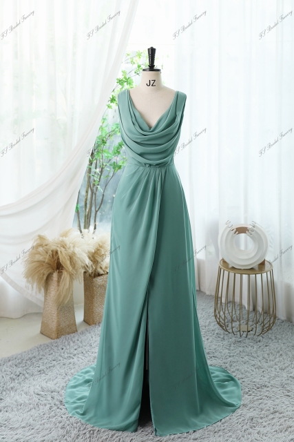 Chiffon High Split Bridesmaid Dress With Cowl Back