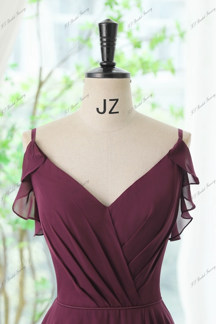 Spaghetti Straps Chiffon High Split Bridesmaid Dress With V-back