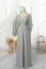 Chiffon Mother Of Bride Dress With Ruffled Sleeves, V-neck And Floral Appliques
