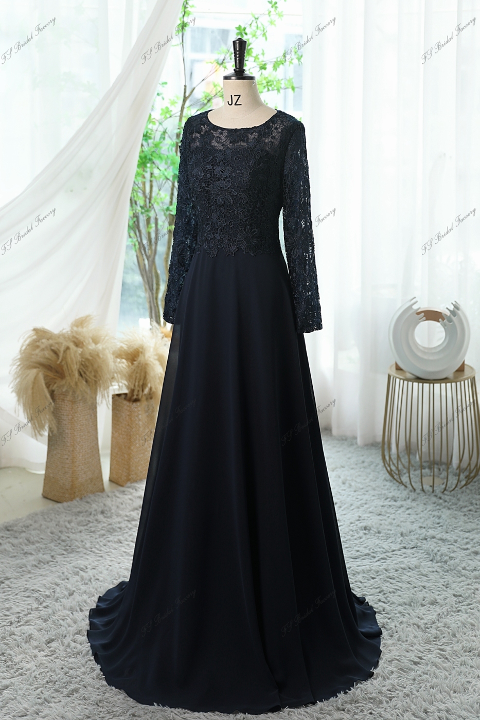 Chiffon Mother Of Bride Dress With A-line Silhouette, Round Neckline And Three-quarter Sleeves
