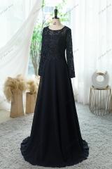 Chiffon Mother Of Bride Dress With A-line Silhouette, Round Neckline And Three-quarter Sleeves