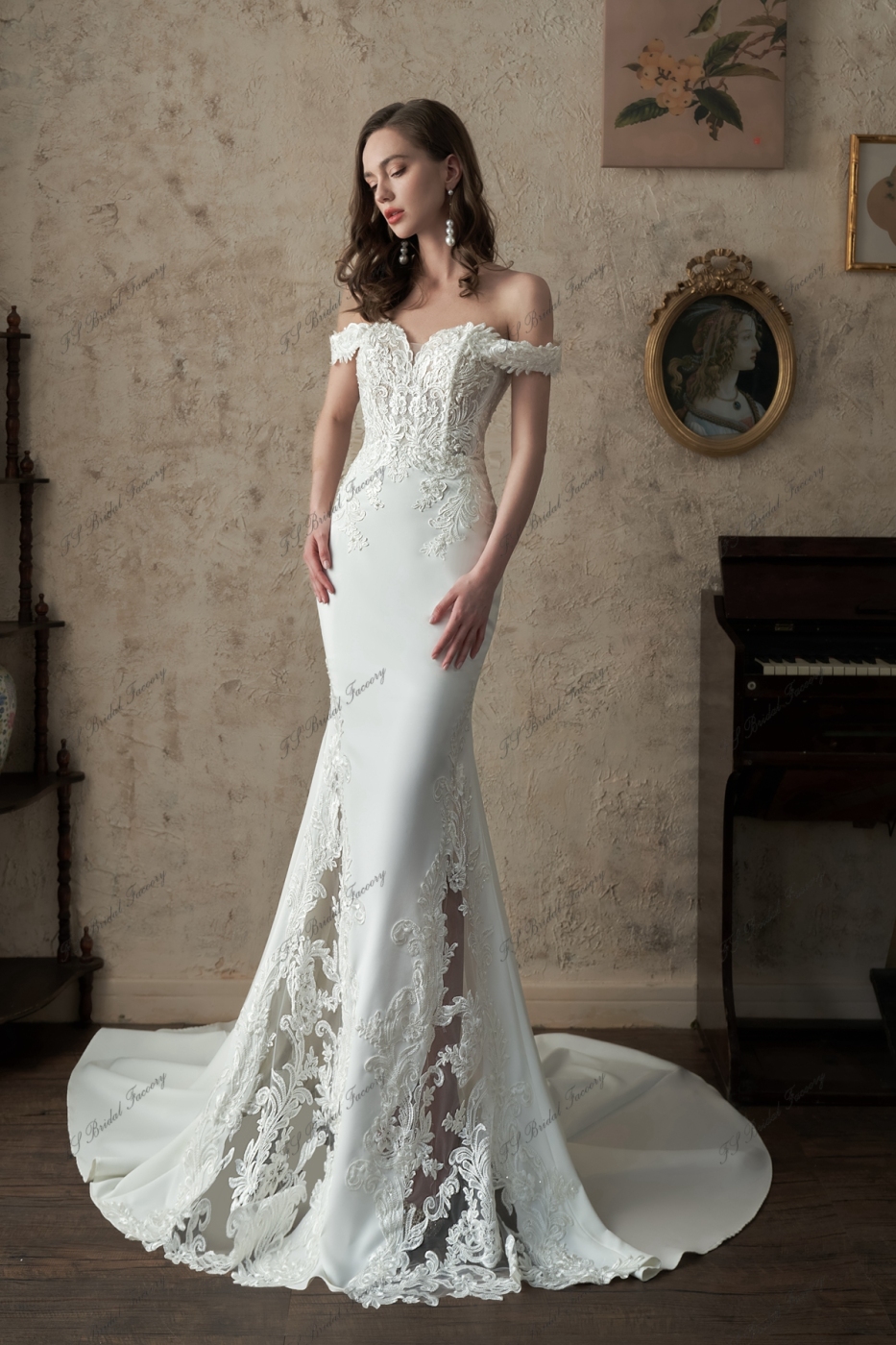 Off-Shoulder Sheer Cut Out Crepe Skirt Wedding Dress