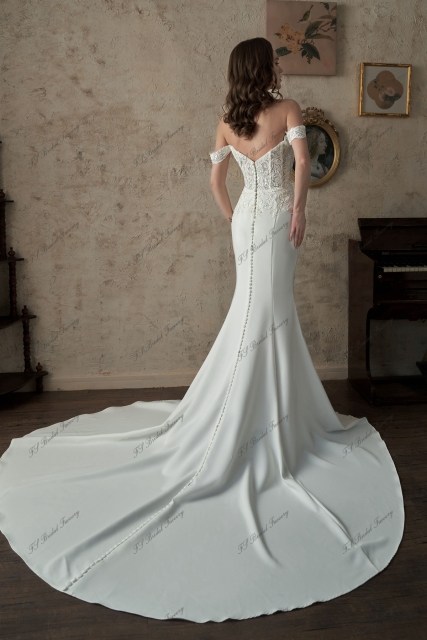 Off-Shoulder Sheer Cut Out Crepe Skirt Wedding Dress