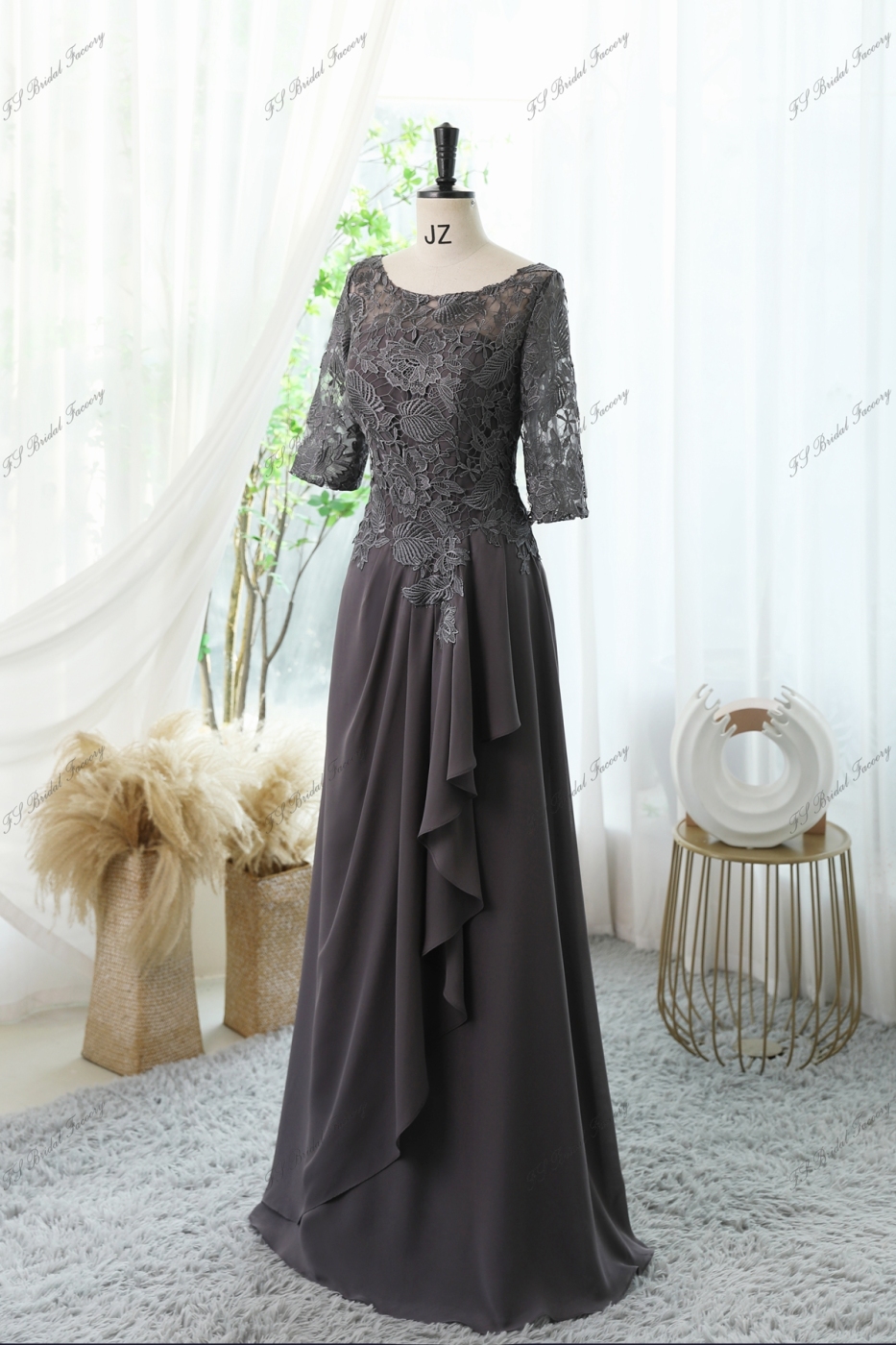 Floral Print Mother Of Bride Dress With A-line Silhouette, Round Neckline And Three-quarter Sleeves