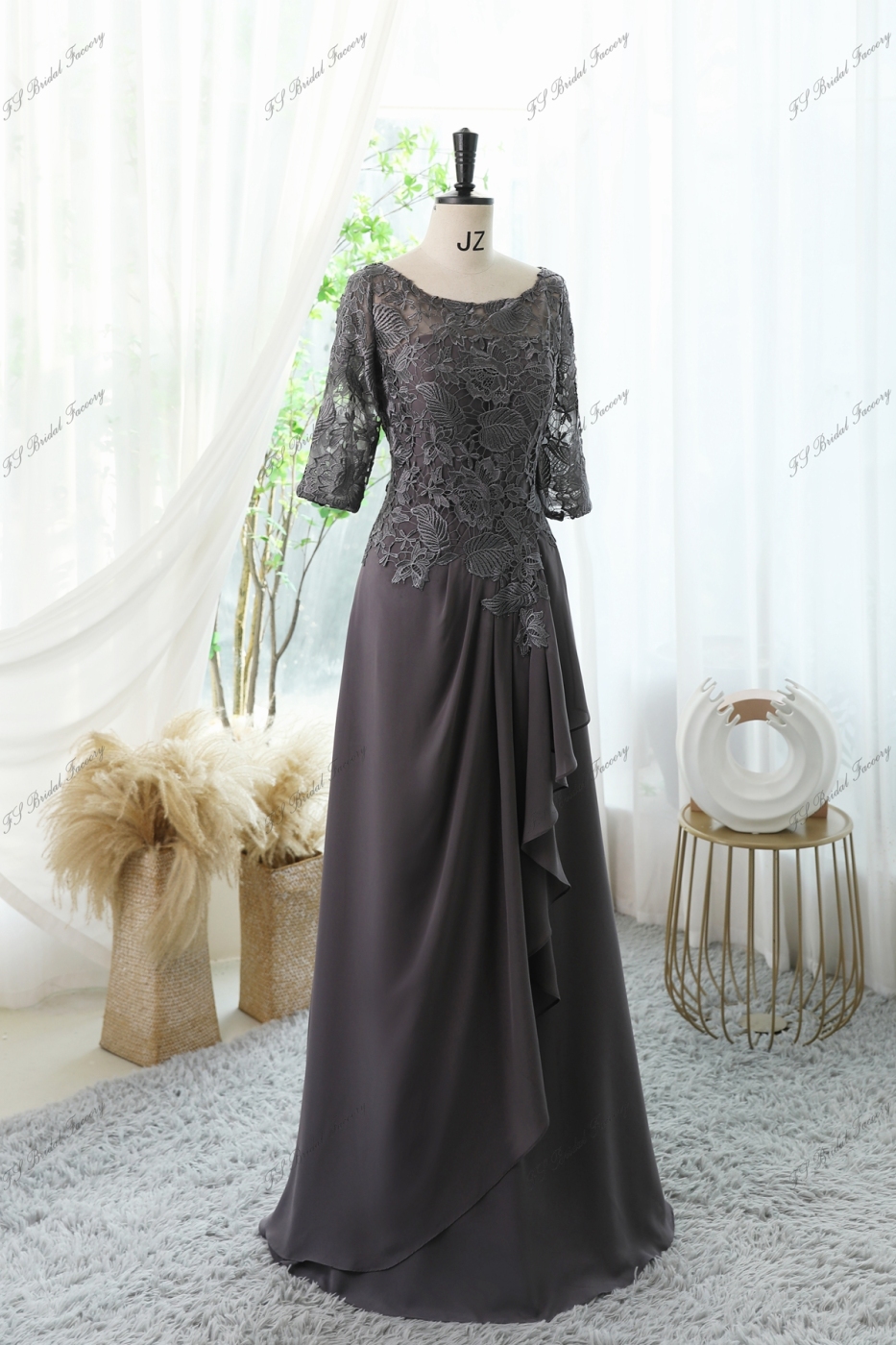 Floral Print Mother Of Bride Dress With A-line Silhouette, Round Neckline And Three-quarter Sleeves
