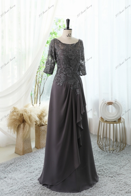 Floral Print Mother Of Bride Dress With A-line Silhouette, Round Neckline And Three-quarter Sleeves