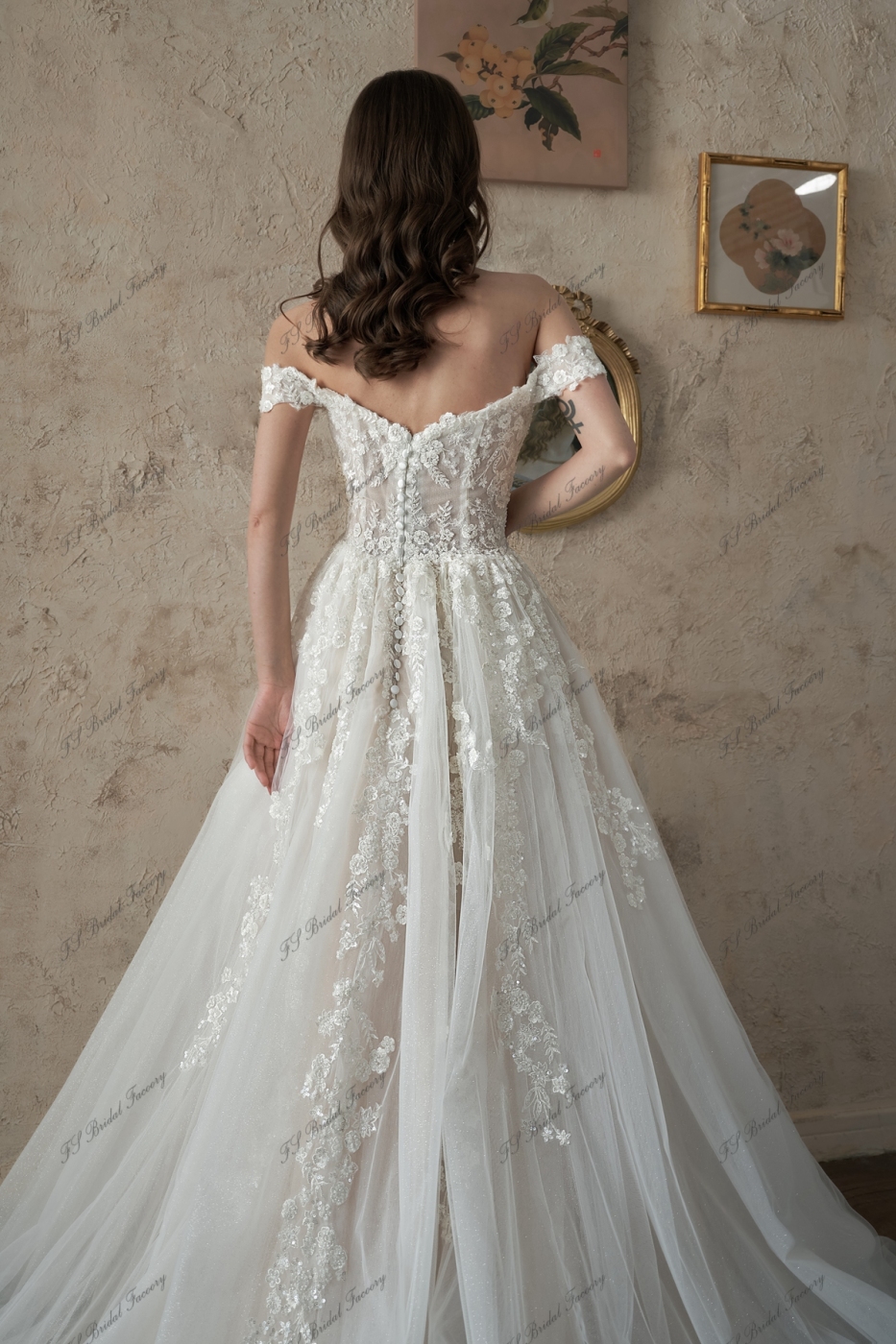 Off-Shoulder A-Line Gown Beaded Lace Wedding Dress