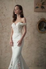 Off-Shoulder Sheer Cut Out Crepe Skirt Wedding Dress