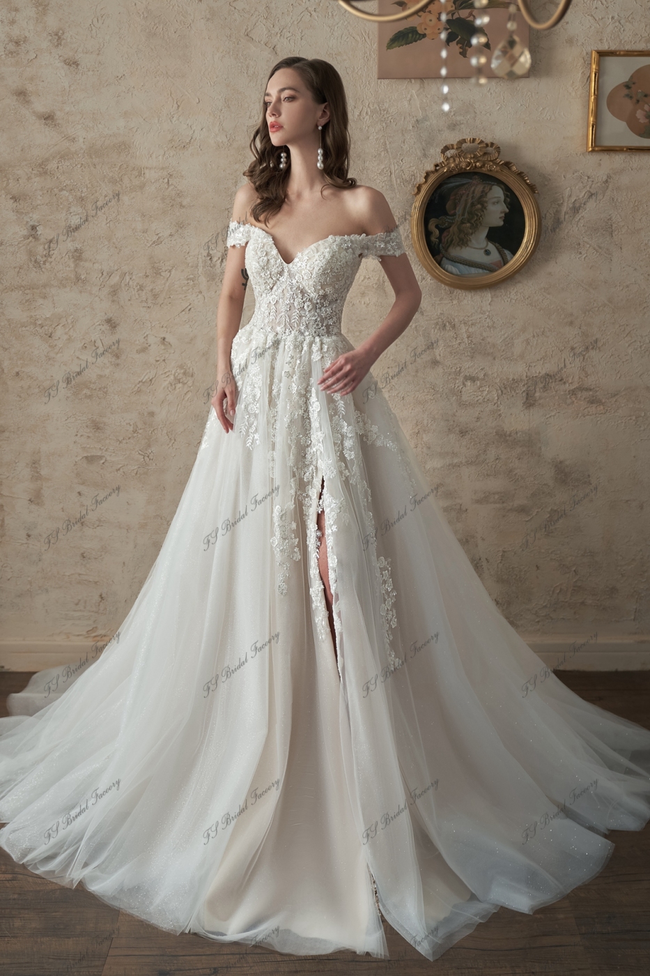 Off-Shoulder A-Line Gown Beaded Lace Wedding Dress