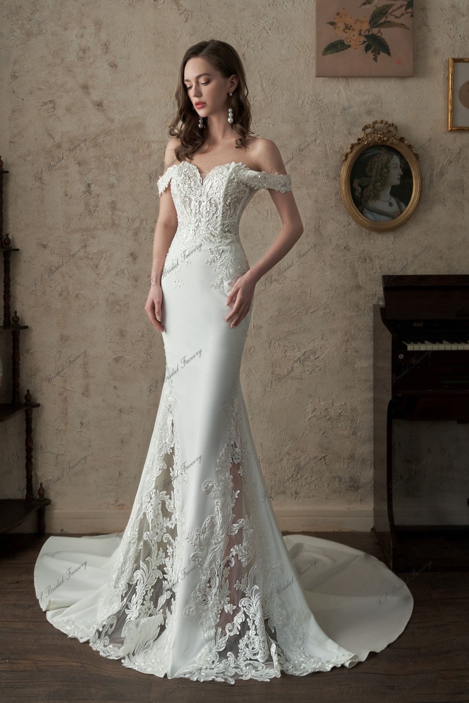 Off-Shoulder Sheer Cut Out Crepe Skirt Wedding Dress