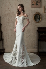 Off-Shoulder Sheer Cut Out Crepe Skirt Wedding Dress