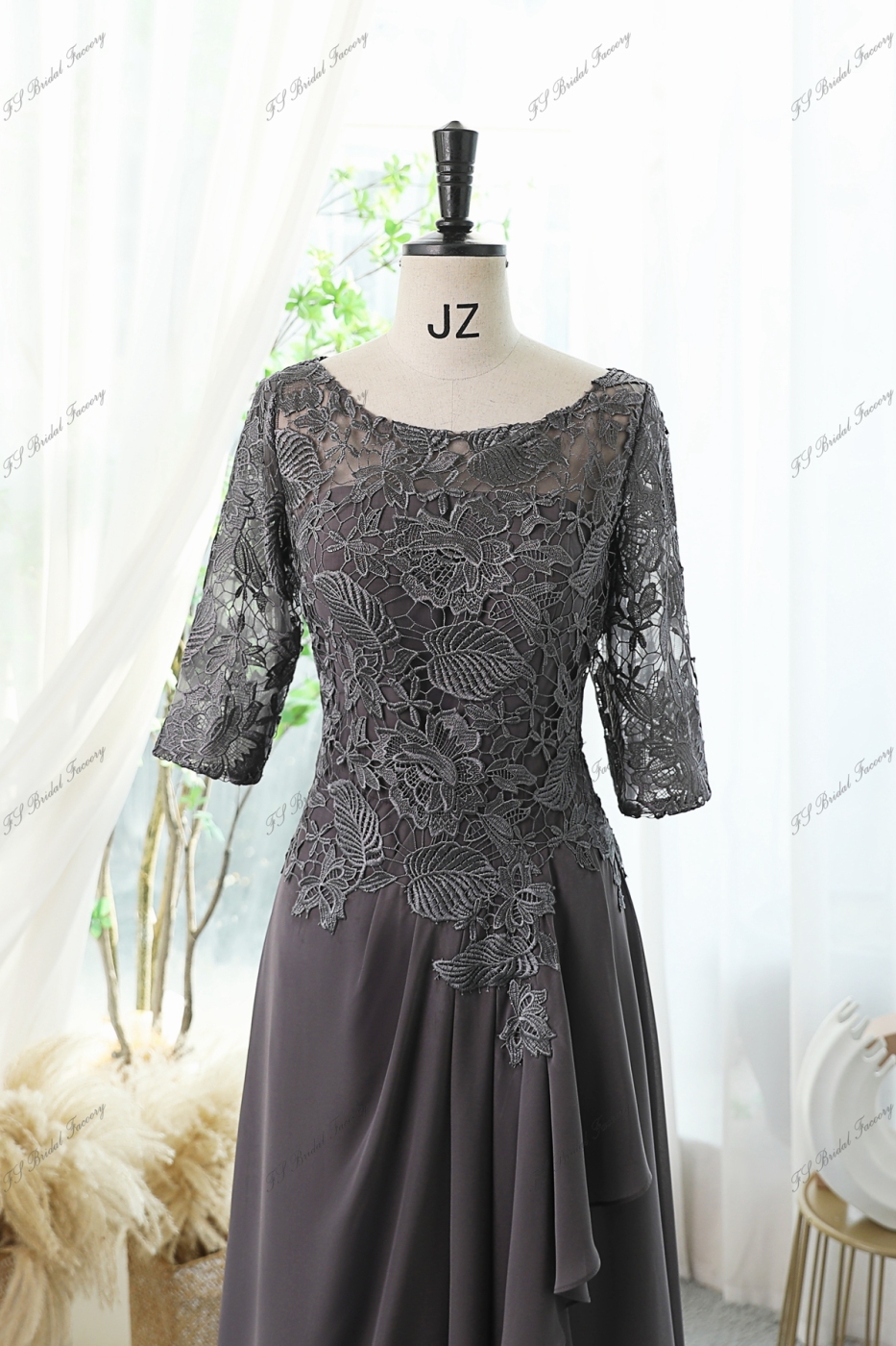Floral Print Mother Of Bride Dress With A-line Silhouette, Round Neckline And Three-quarter Sleeves