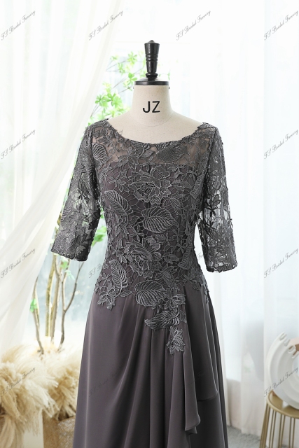 Floral Print Mother Of Bride Dress With A-line Silhouette, Round Neckline And Three-quarter Sleeves