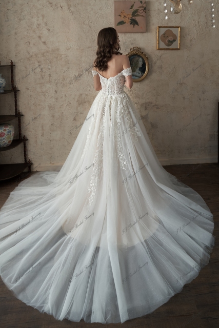 Off-Shoulder A-Line Gown Beaded Lace Wedding Dress