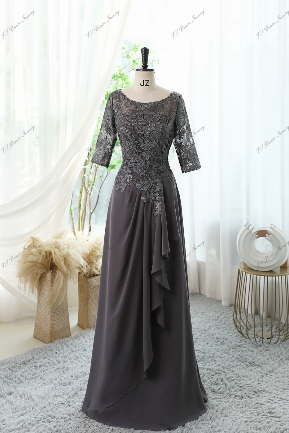 Floral Print Mother Of Bride Dress With A-line Silhouette, Round Neckline And Three-quarter Sleeves