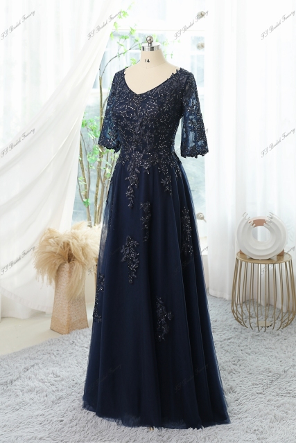 Floral Sequin Appliques Mother Of Bride Dress With A-line Silhouette And V-neck