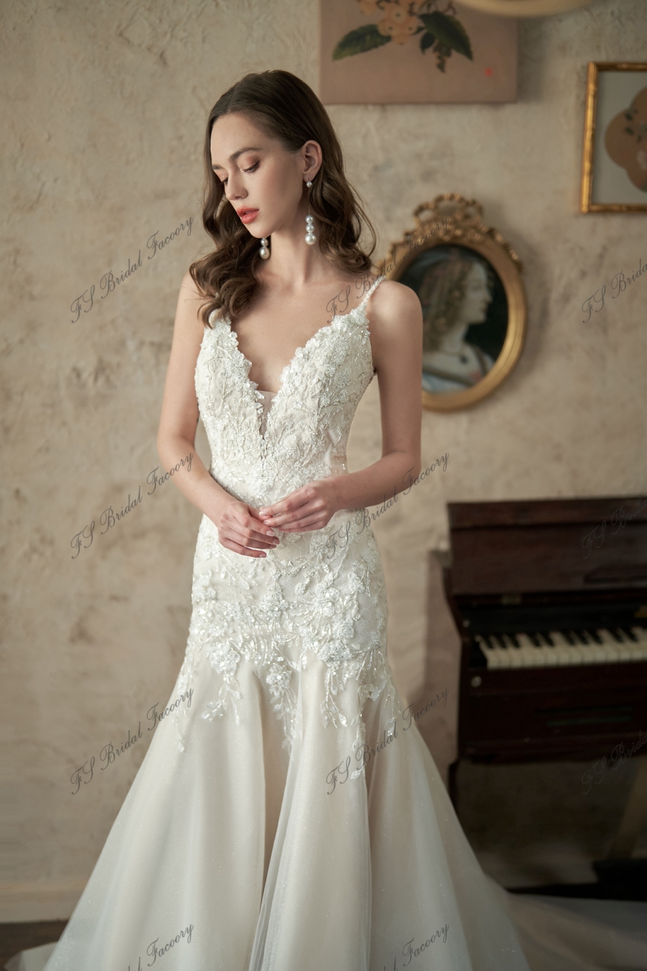 Soft Mermaid Gown With A Chantilly Lace  With Drop Waist