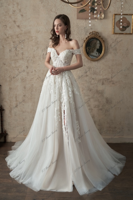 Off-Shoulder A-Line Gown Beaded Lace Wedding Dress