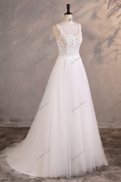 A-line Wedding Dress With Beading Spaghetti Straps Back And  Floral Lace Appliques