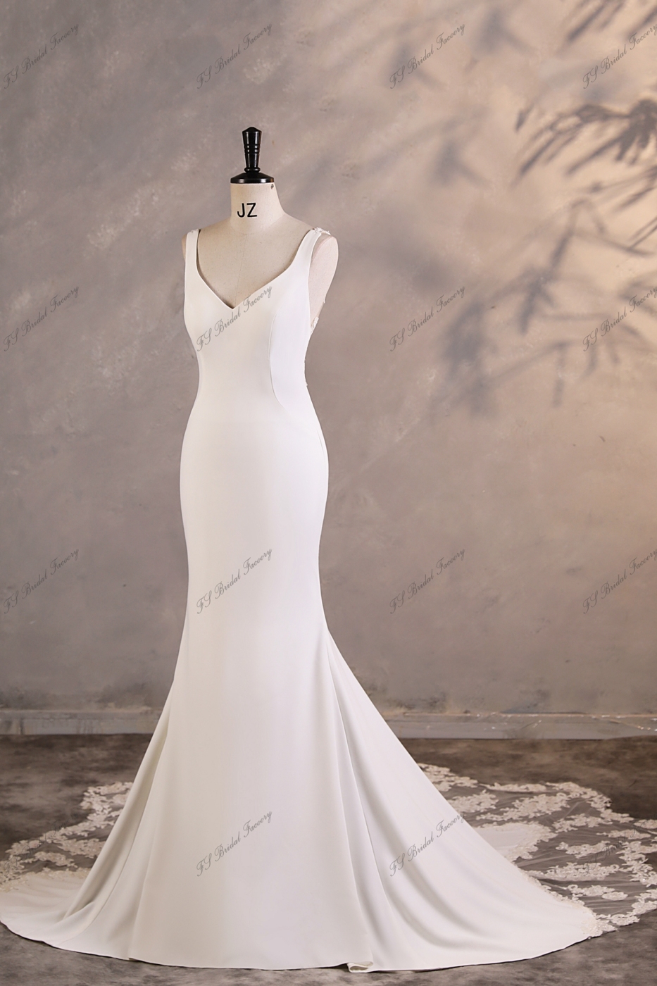 Crepe Mermaid Wedding Dress With Buttons Illusion Back And Floral Lace Skirt Trim