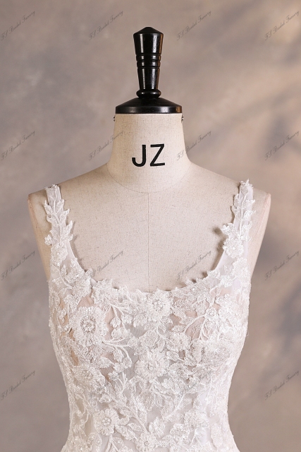 A-line Wedding Dress With Beading Spaghetti Straps Back And  Floral Lace Appliques
