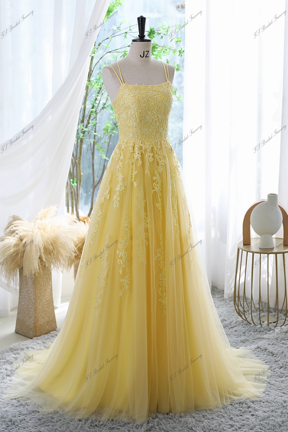Tulle Prom Gown With Double Spaghetti Straps And Floral Appliqués