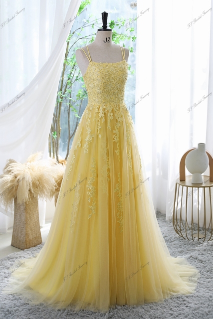 Tulle Prom Gown With Double Spaghetti Straps And Floral Appliqués